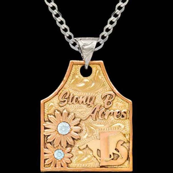 Buttercup, Jewelers Bronze base 1.75"x1.50". Copper letters, 2 Sunflowers framed by a line edge. Ranch logo and 2 Cubic Zirconias of your choice!

Chain n